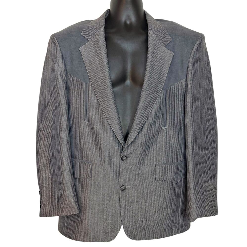 VTG 90s Sheplers 42R Gray Pinstripe Western Blazer Cowboy Suede Yoke Sport Coat